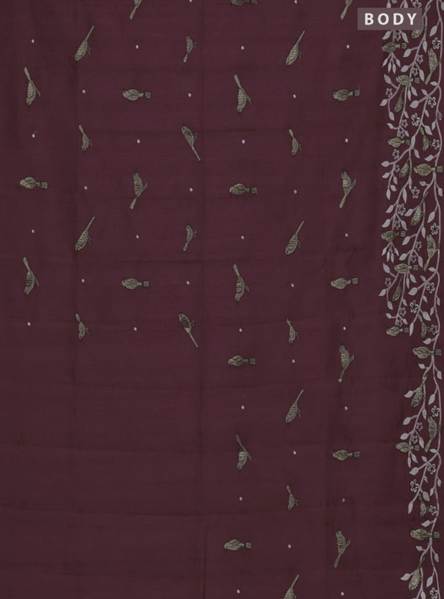 Semi raw silk saree rosy brown with embroidery work buttas and embroidery border