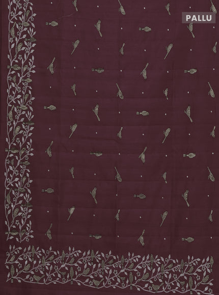 Semi raw silk saree rosy brown with embroidery work buttas and embroidery border