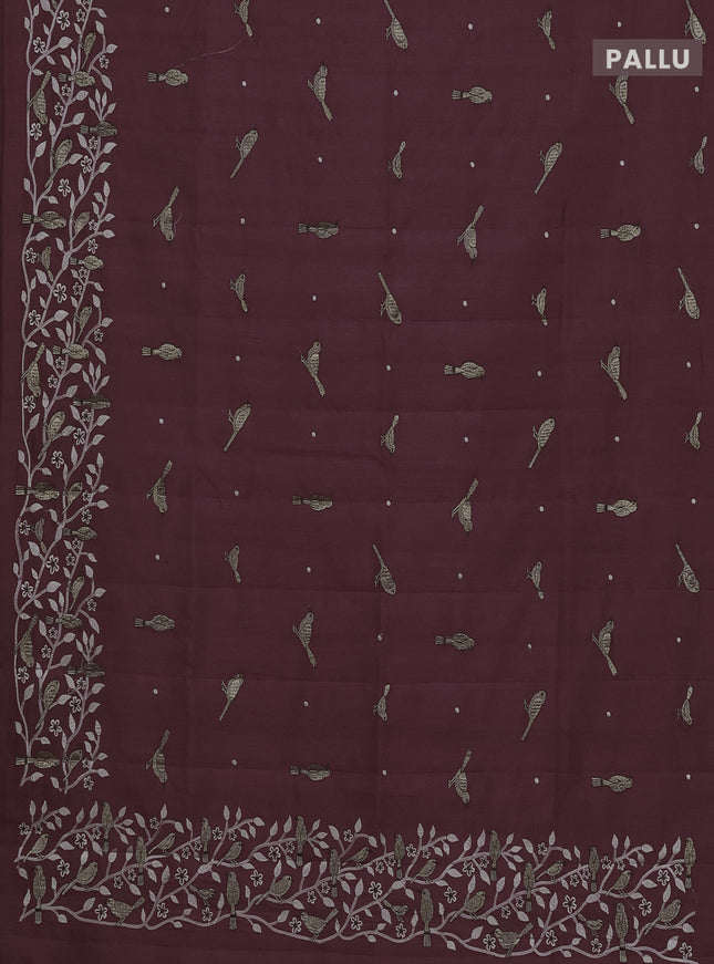 Semi raw silk saree rosy brown with embroidery work buttas and embroidery border