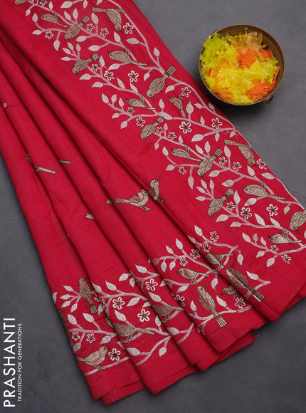 Semi raw silk saree dark pink with embroidery work buttas and embroidery border