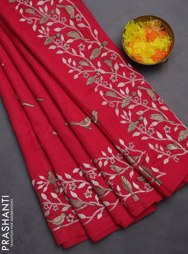 Semi raw silk saree dark pink with embroidery work buttas and embroidery border