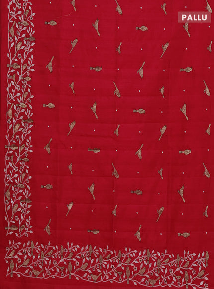 Semi raw silk saree dark pink with embroidery work buttas and embroidery border