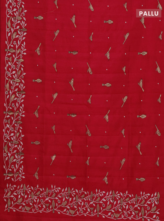 Semi raw silk saree dark pink with embroidery work buttas and embroidery border