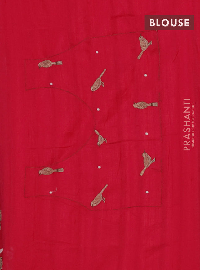 Semi raw silk saree dark pink with embroidery work buttas and embroidery border