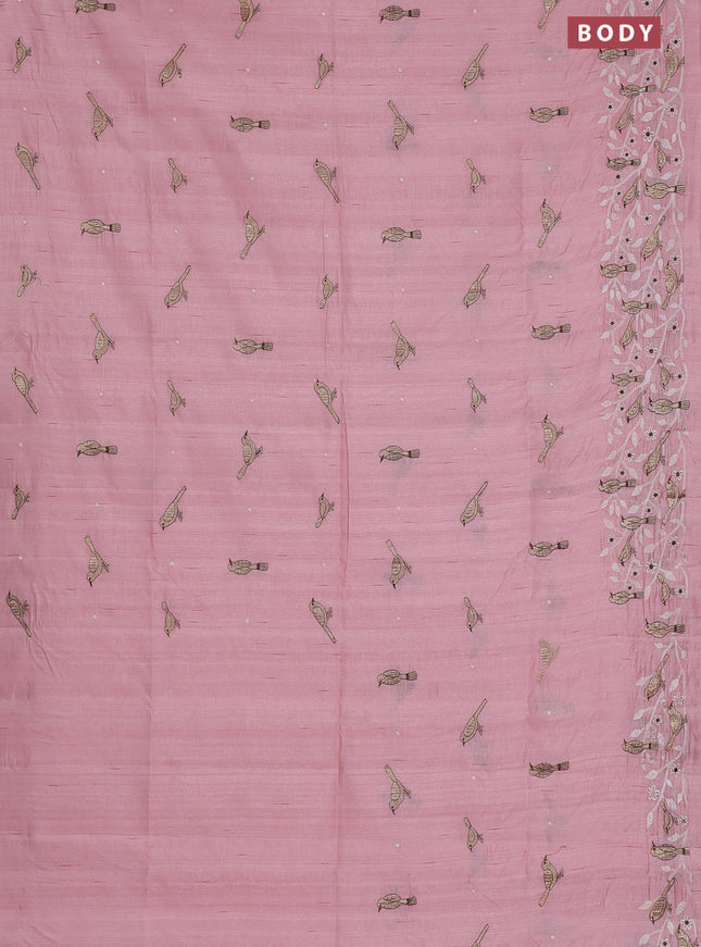 Semi raw silk saree peach shade with embroidery work buttas and embroidery border