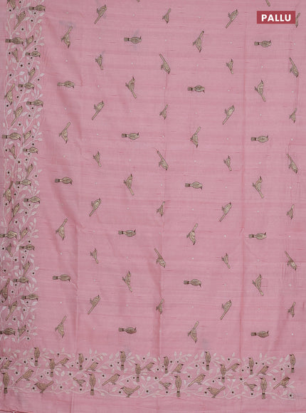 Semi raw silk saree peach shade with embroidery work buttas and embroidery border