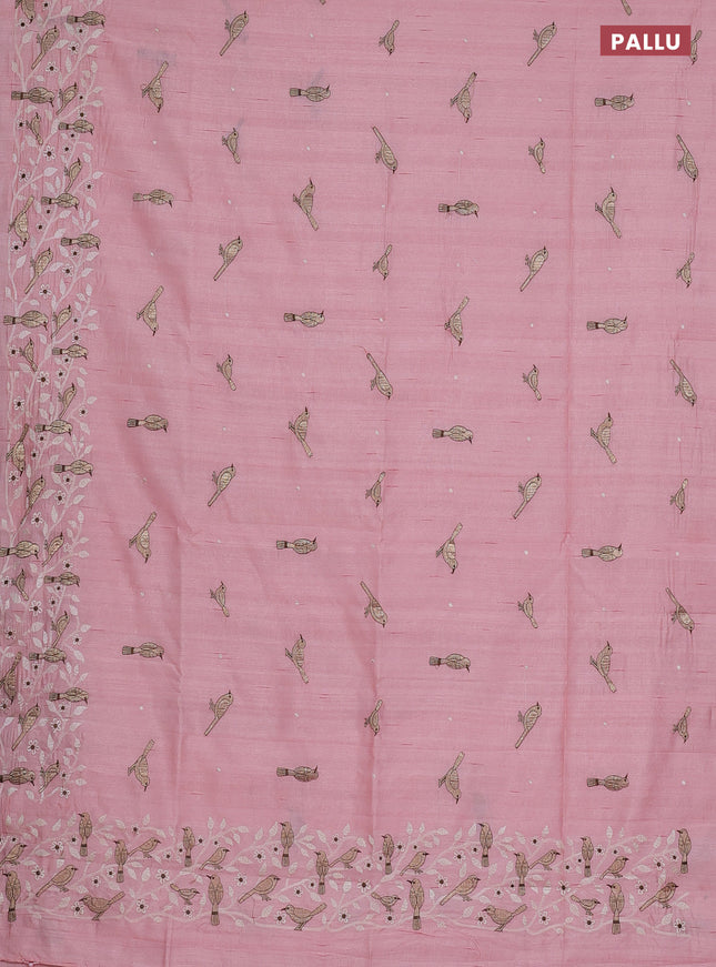 Semi raw silk saree peach shade with embroidery work buttas and embroidery border