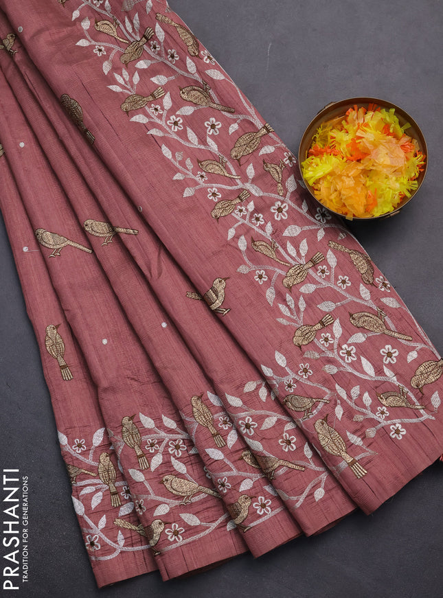 Semi raw silk saree brown with embroidery work buttas and embroidery border