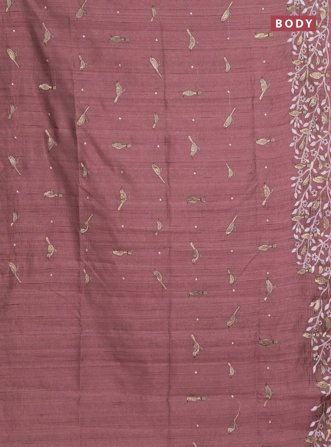 Semi raw silk saree brown with embroidery work buttas and embroidery border