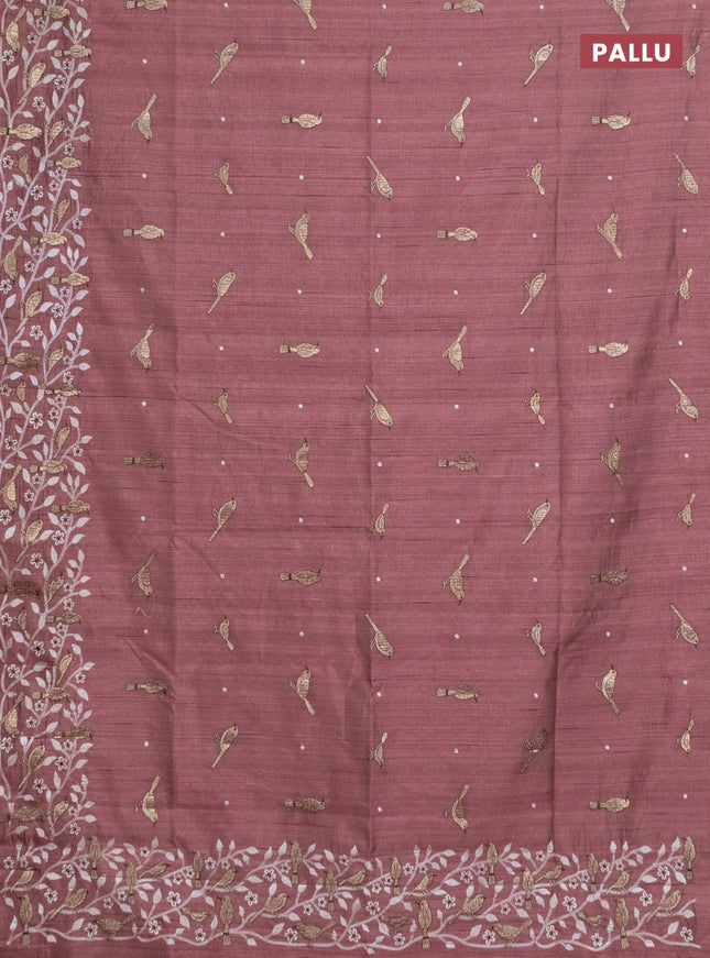 Semi raw silk saree brown with embroidery work buttas and embroidery border