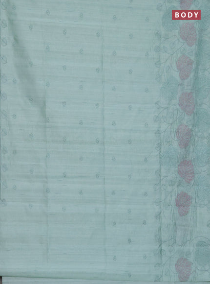 Semi raw silk saree pastel green with allover embroidery and leaf design embroidery border