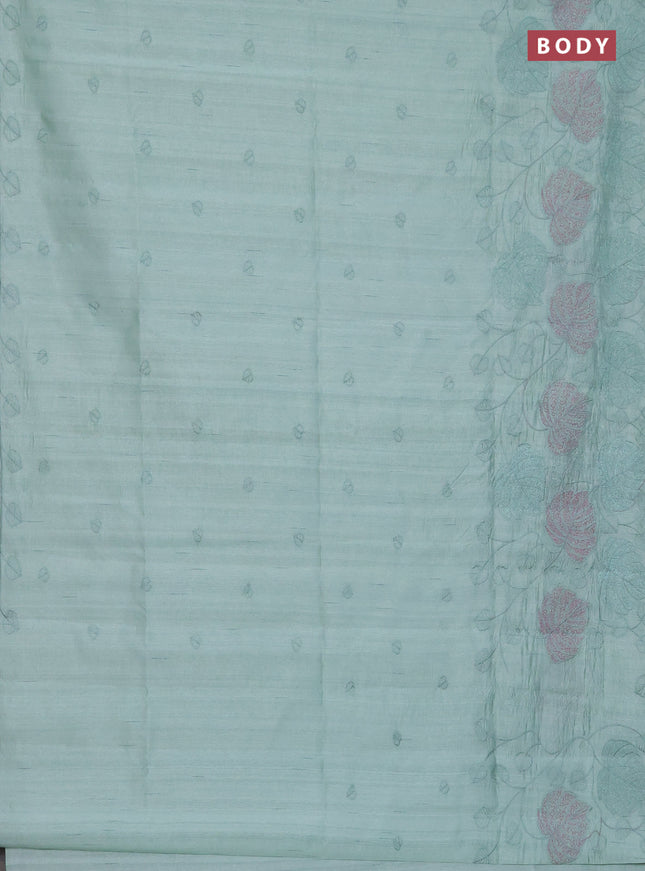 Semi raw silk saree pastel green with allover embroidery and leaf design embroidery border