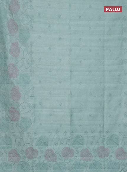 Semi raw silk saree pastel green with allover embroidery and leaf design embroidery border