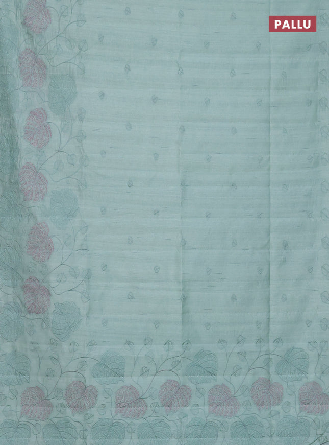 Semi raw silk saree pastel green with allover embroidery and leaf design embroidery border