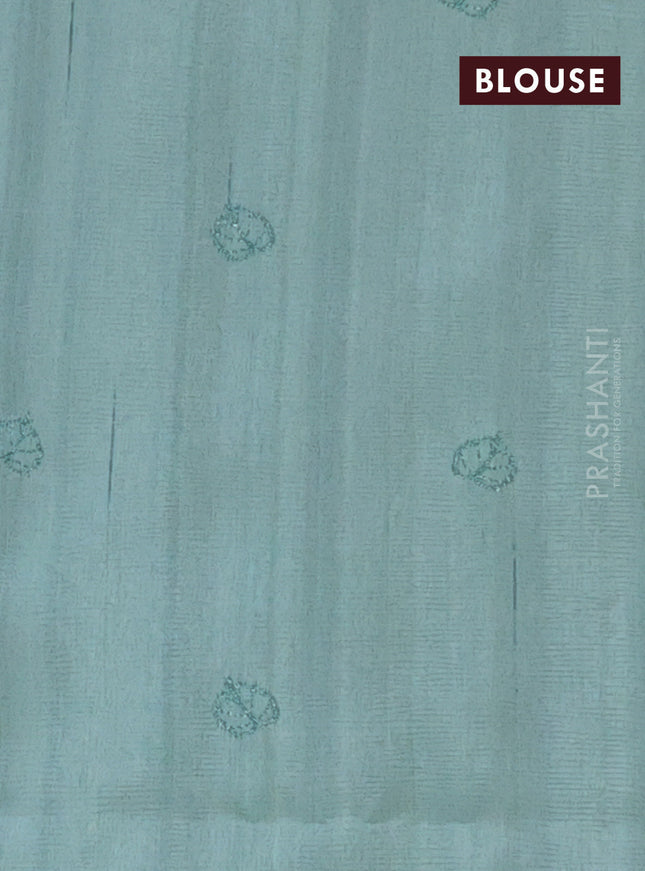 Semi raw silk saree pastel green with allover embroidery and leaf design embroidery border