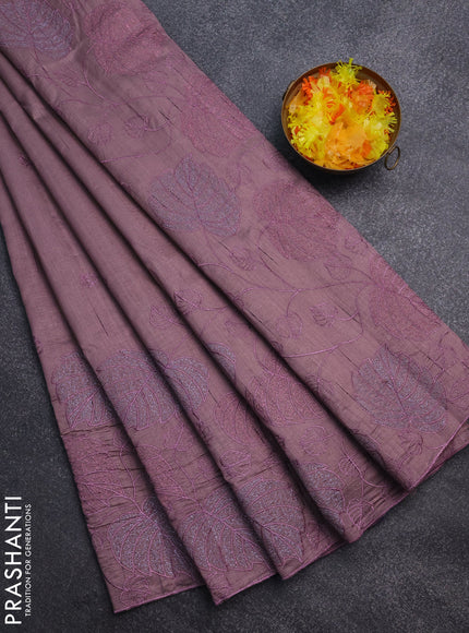 Semi raw silk saree rosy brown with allover embroidery and leaf design embroidery border