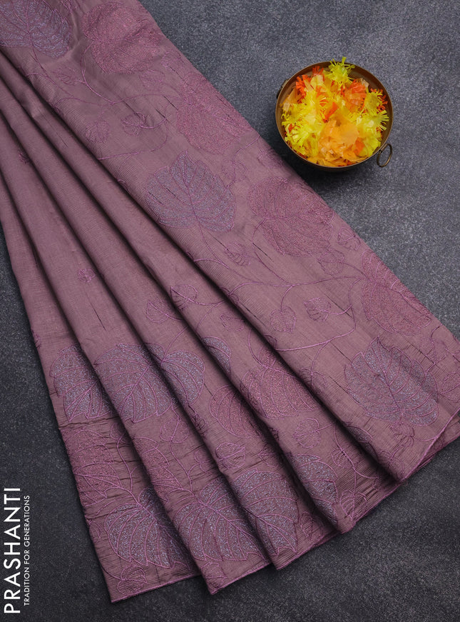 Semi raw silk saree rosy brown with allover embroidery and leaf design embroidery border