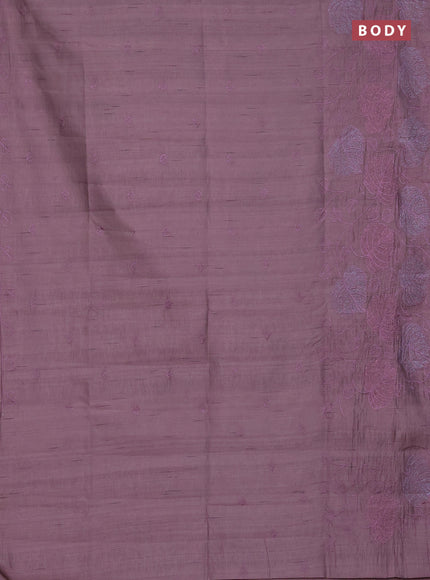 Semi raw silk saree rosy brown with allover embroidery and leaf design embroidery border