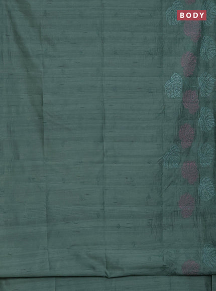 Semi raw silk saree green shade with allover embroidery and leaf design embroidery border