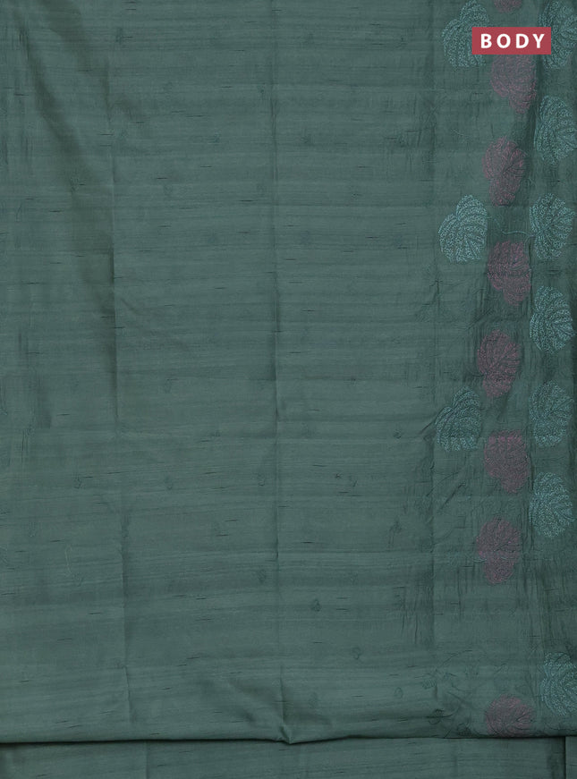 Semi raw silk saree green shade with allover embroidery and leaf design embroidery border