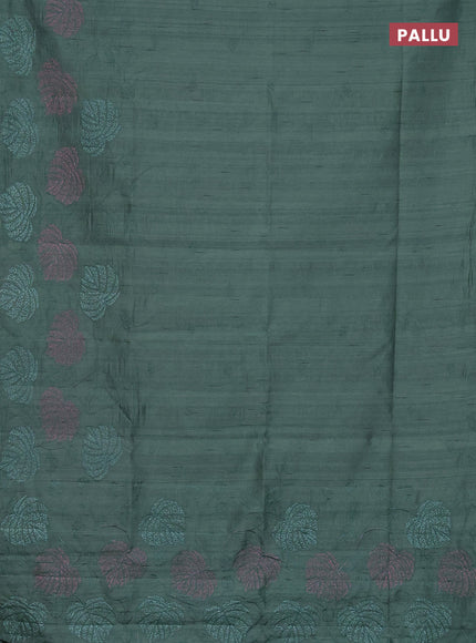 Semi raw silk saree green shade with allover embroidery and leaf design embroidery border