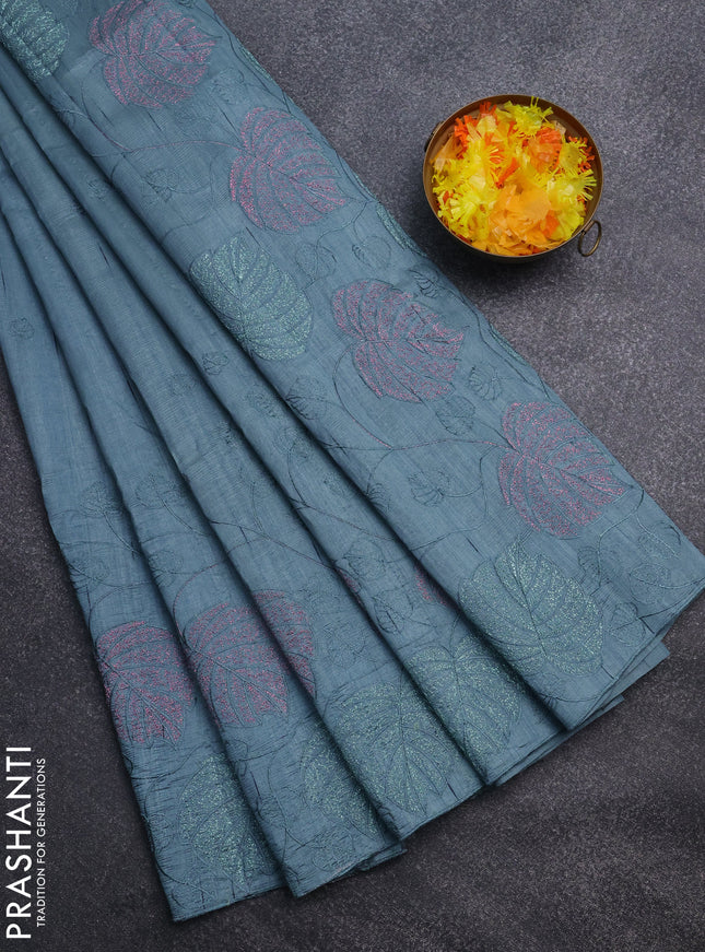 Semi raw silk saree pastel blue with allover embroidery and leaf design embroidery border