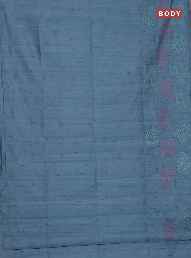 Semi raw silk saree pastel blue with allover embroidery and leaf design embroidery border