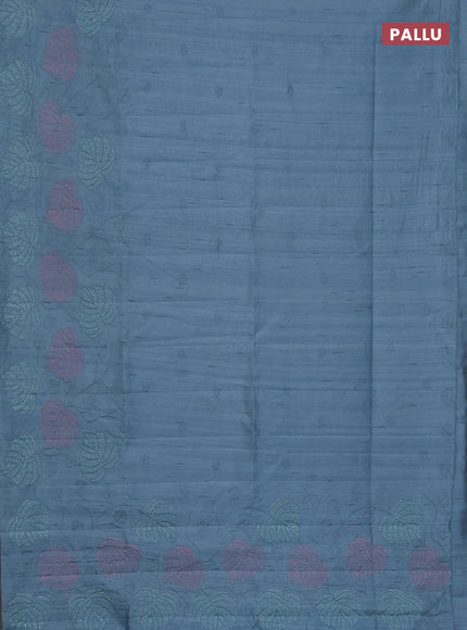 Semi raw silk saree pastel blue with allover embroidery and leaf design embroidery border