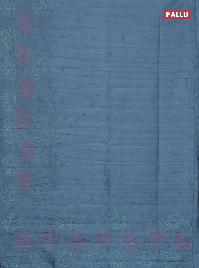 Semi raw silk saree pastel blue with allover embroidery and leaf design embroidery border