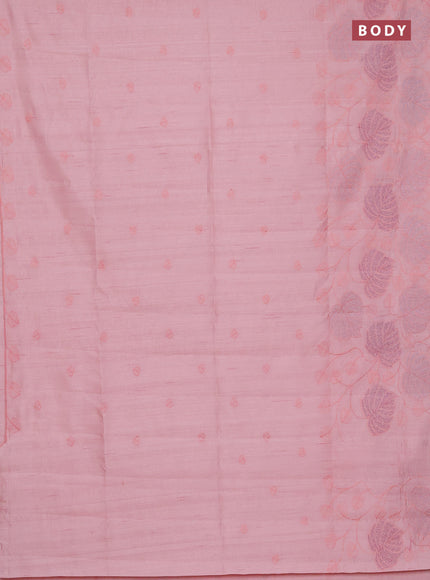 Semi raw silk saree peach shade with allover embroidery and leaf design embroidery border