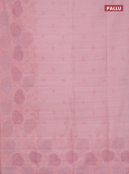 Semi raw silk saree peach shade with allover embroidery and leaf design embroidery border