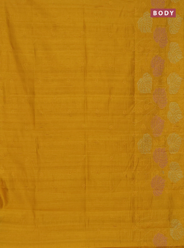 Semi raw silk saree mustard yellow with allover embroidery and leaf design embroidery border