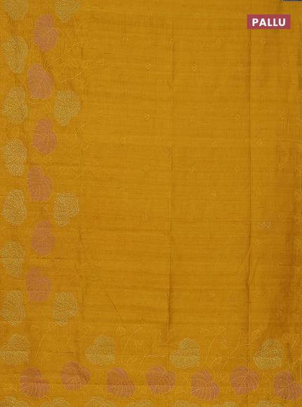 Semi raw silk saree mustard yellow with allover embroidery and leaf design embroidery border