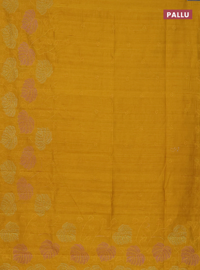 Semi raw silk saree mustard yellow with allover embroidery and leaf design embroidery border