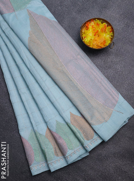 Semi raw silk saree pastel blue with zari checked pattern and embroidery leaf butta border