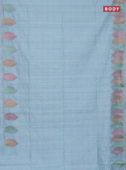 Semi raw silk saree pastel blue with zari checked pattern and embroidery leaf butta border