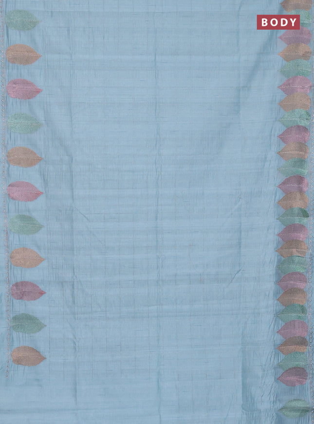Semi raw silk saree pastel blue with zari checked pattern and embroidery leaf butta border