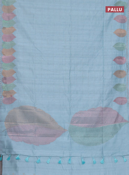 Semi raw silk saree pastel blue with zari checked pattern and embroidery leaf butta border