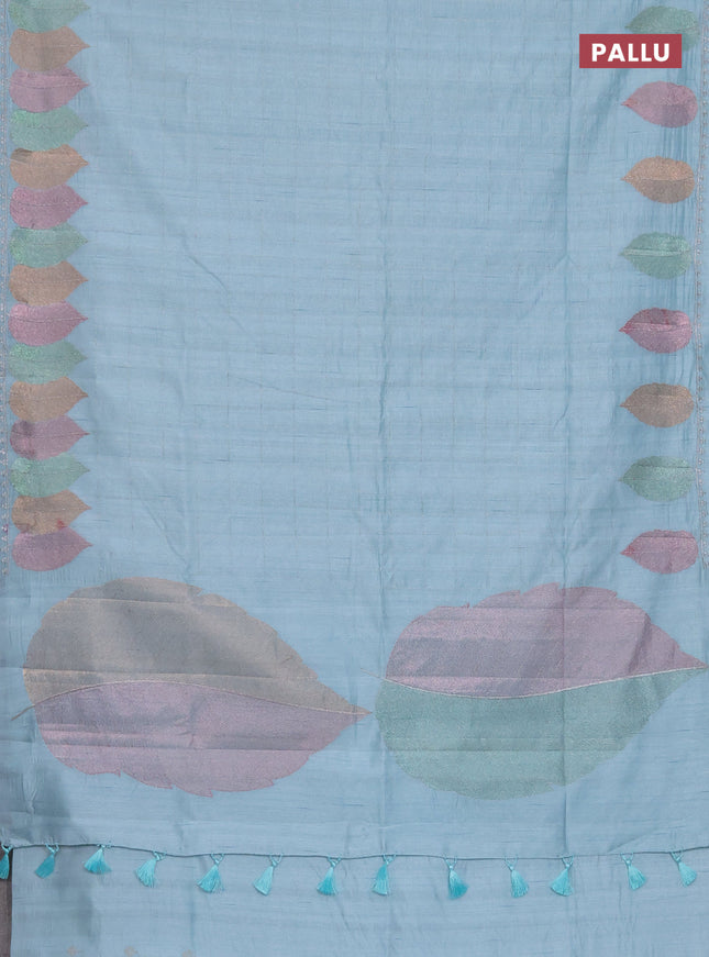 Semi raw silk saree pastel blue with zari checked pattern and embroidery leaf butta border