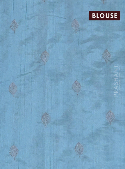 Semi raw silk saree pastel blue with zari checked pattern and embroidery leaf butta border
