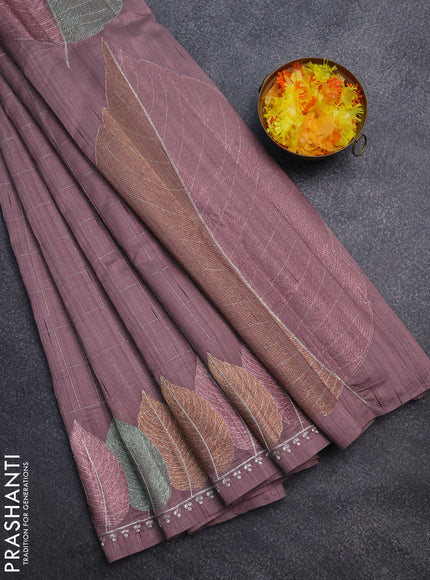 Semi raw silk saree rosy brown with zari checked pattern and embroidery leaf butta border