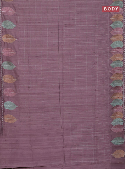 Semi raw silk saree rosy brown with zari checked pattern and embroidery leaf butta border
