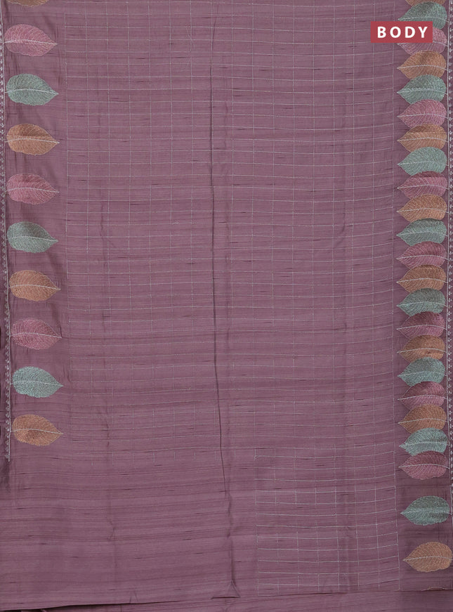 Semi raw silk saree rosy brown with zari checked pattern and embroidery leaf butta border