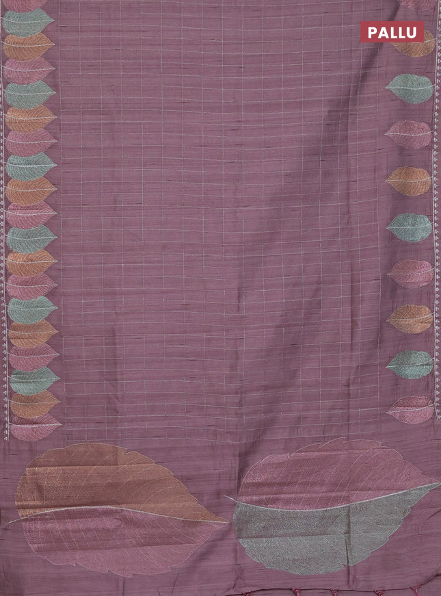 Semi raw silk saree rosy brown with zari checked pattern and embroidery leaf butta border