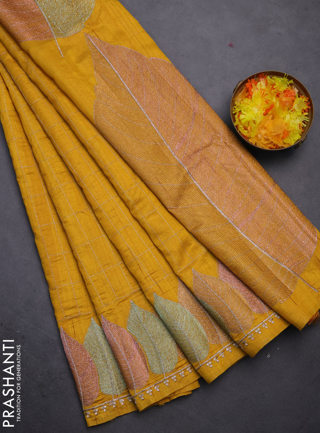 Semi raw silk saree mustard yellow with zari checked pattern and embroidery leaf butta border