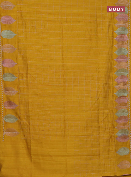 Semi raw silk saree mustard yellow with zari checked pattern and embroidery leaf butta border