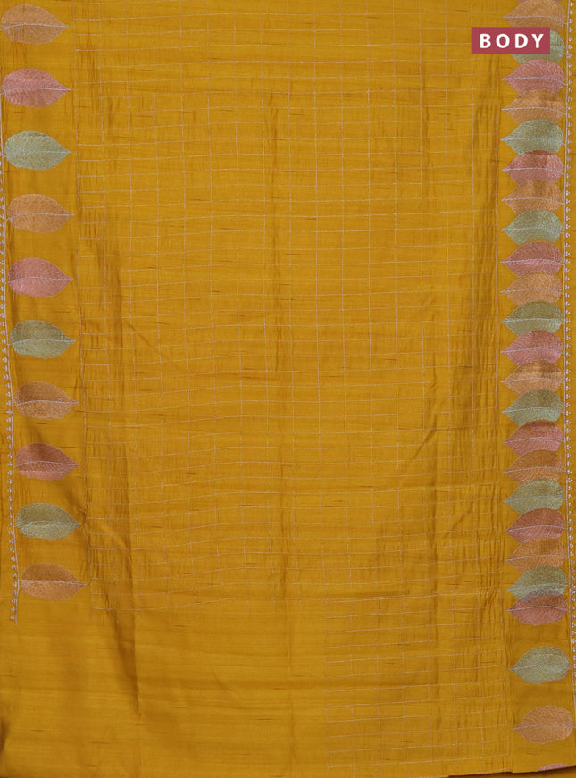Semi raw silk saree mustard yellow with zari checked pattern and embroidery leaf butta border