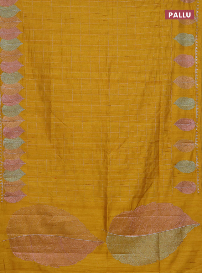 Semi raw silk saree mustard yellow with zari checked pattern and embroidery leaf butta border