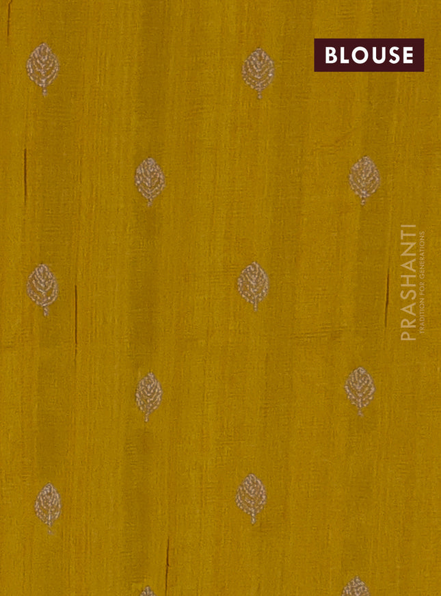 Semi raw silk saree mustard yellow with zari checked pattern and embroidery leaf butta border
