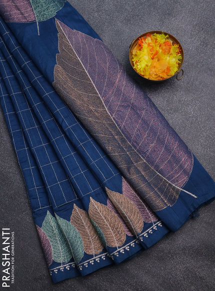Semi raw silk saree peacock blue with zari checked pattern and embroidery leaf butta border